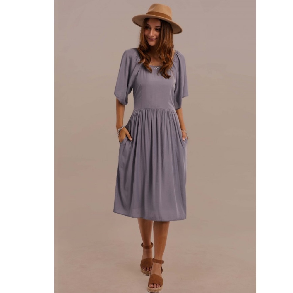 Petallush Half Sleeve Square Neck Tie Waist Summer Midi Dress With Pocket - Picture 4 of 13